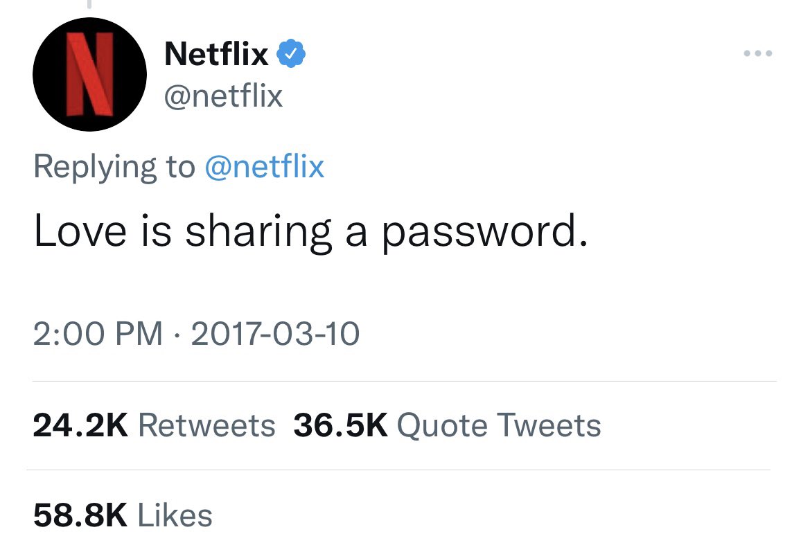 DerekPLewis's tweet photo. Straight up…everyone needs to cancel @netflix today! Netflix still has this tweet up where they encourage password sharing! Maybe it’s time to show Netflix whose boss. #CancelNetflix #YouNetflix #Netflix https://t.co/80IuQ93GHF