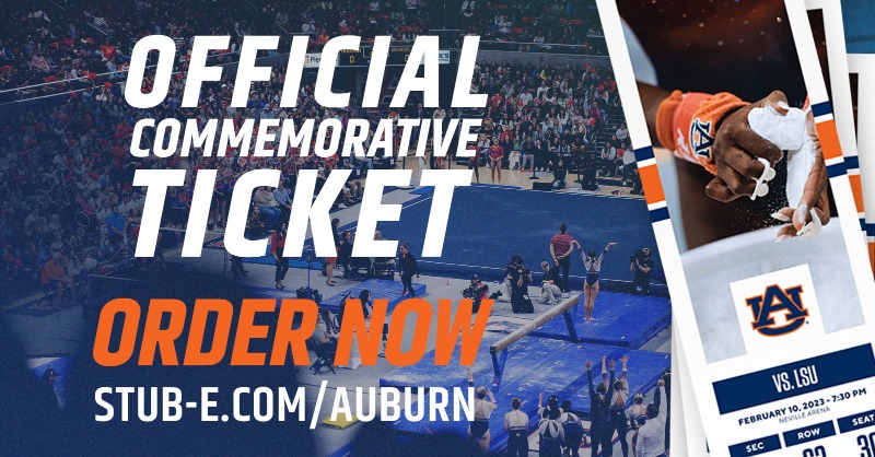 AuburnTigers's tweet photo. Are you looking for the perfect meet day souvenir?

Celebrate tonight's @AuburnGym meet with an OFFICIAL commemorative ticket stub. 

Each souvenir 🎟 includes an exclusive design, personalized seat locations, and a game recap. 

#WarEagle