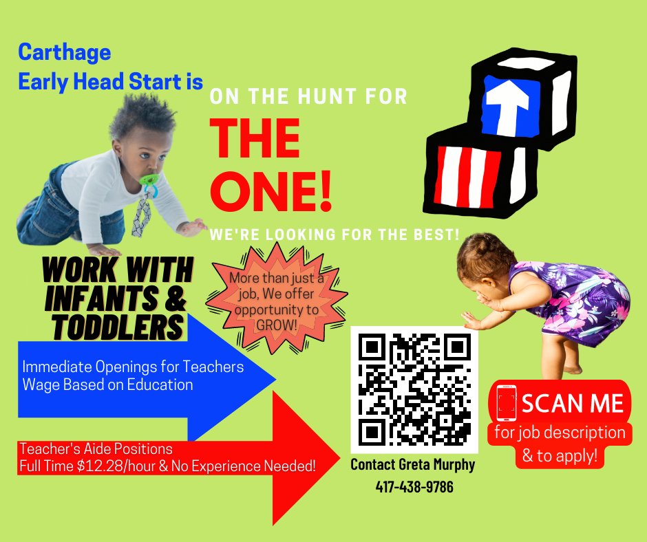 We are looking for team members who LOVE TEACHING to teach our little ones to LOVE LEARNING! Our Carthage Early Head Start has immediate openings for teachers and teacher aides. Stop in, call, or scan the QR Code to get started! We can't wait to meet you #earlyheadstart #iteach