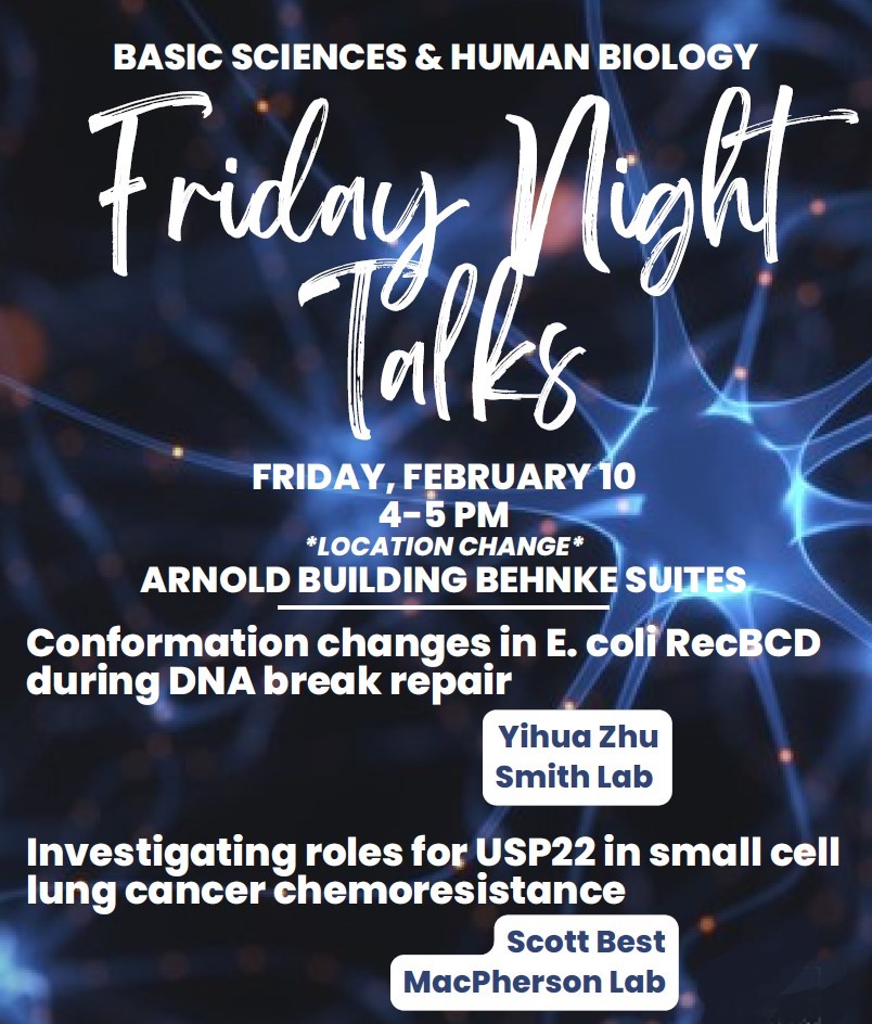 HutchBasicSci's tweet photo. New temporary location for #FridayNightTalks, but the same great science!
Can’t wait to learn about the latest discoveries from Yihua Zhu in the Smith Lab and Scott Best in Human Biology’s @DMacPhersonLab. All @FredHutch colleagues, join us at 4PM in the Behnke Suites in Arnold. https://t.co/rs6oPywaMS