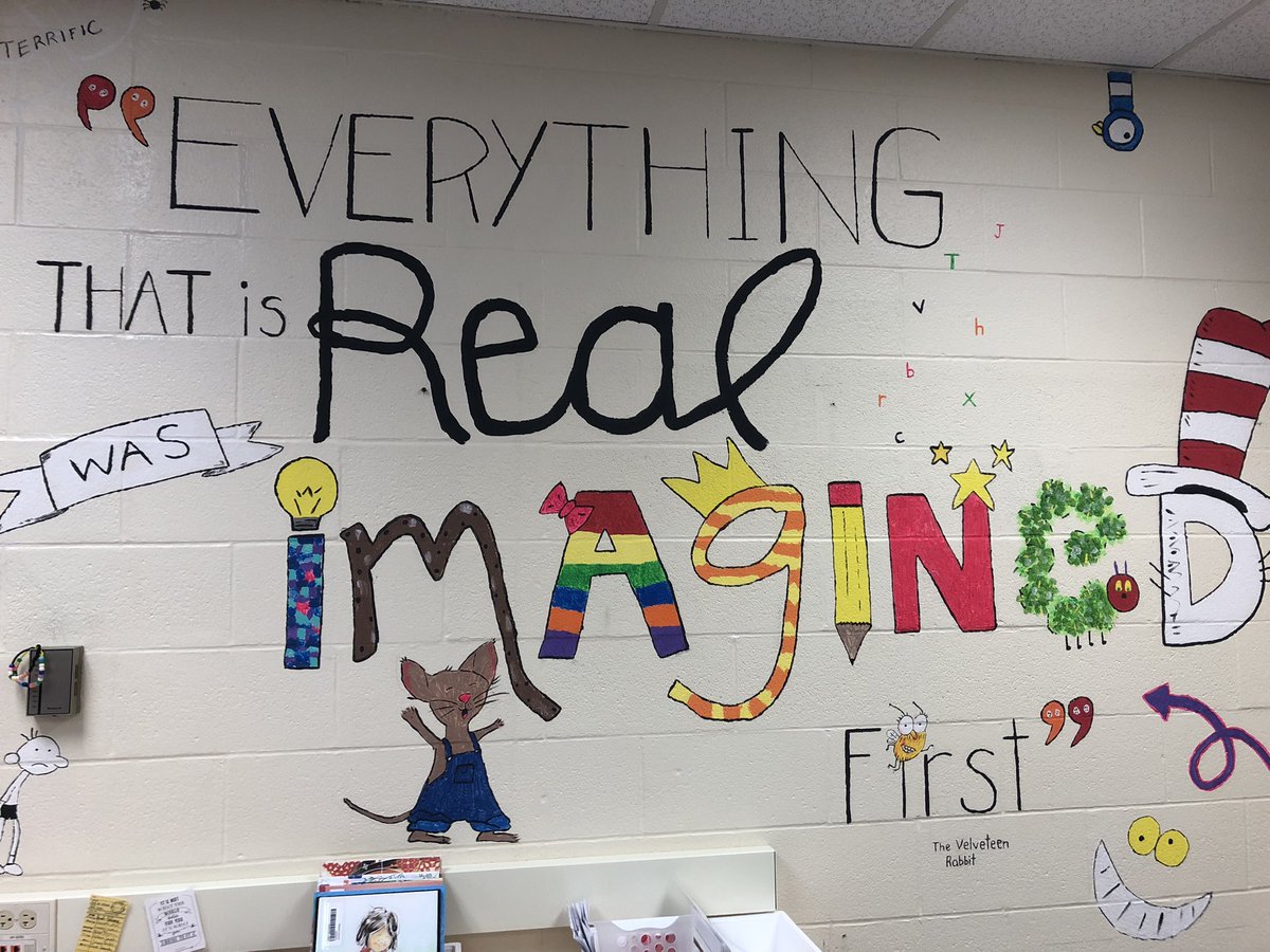 This painting on the library wall at Centennial Public School makes my heart happy. 

Libraries are places where our imaginations are set free. 

<a href="/cncwrdsb/">Centennial PS (C)</a> 

#WRDSBlibraryClerksRock