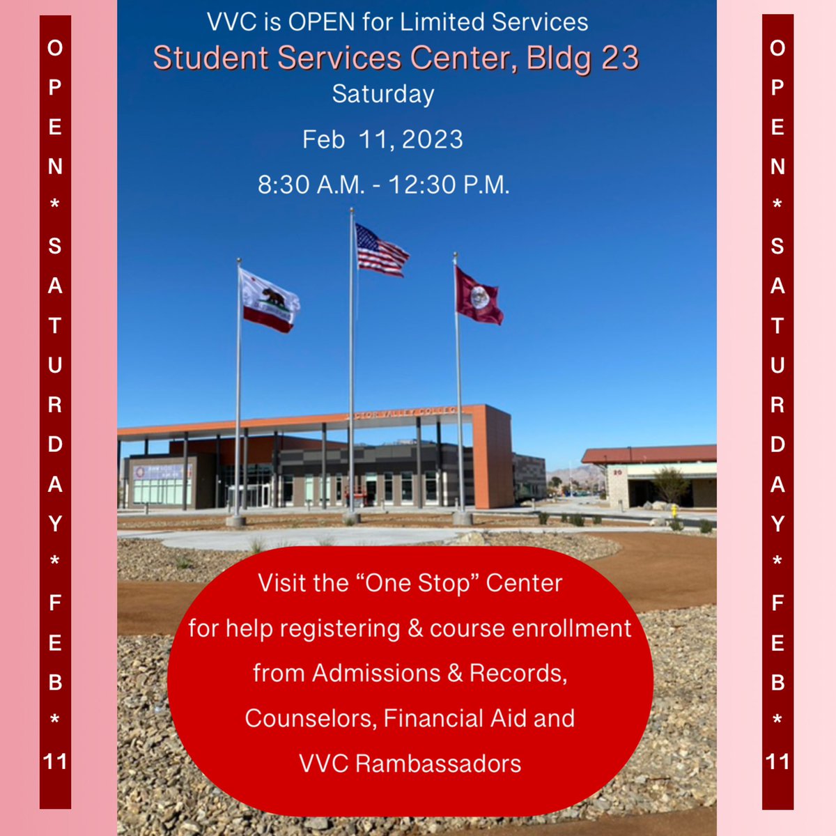VVCASB's tweet photo. VVC OPEN
Saturday, Feb 11
8:30am - 12:30pm
“One Stop” Bldg 23

REGISTER for CLASSES
FINANCIAL AID
COUNSELORS
APPLY https://t.co/XR8FdhYlaX