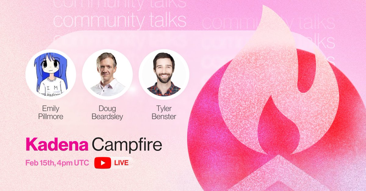 kadena_io's tweet photo. We’re excited to kick off our first-ever @kadena_io Campfire, a weekly community call dedicated to talking all things #crypto &amp; Kadena!

Tune in to hear @tbenst @yandereidiot @BlockchainDoug LIVE on YouTube next week Wednesday (2/15) at 4pm UTC!

https://t.co/m8NEPtPuyb https://t.co/oqAgFUjzcj