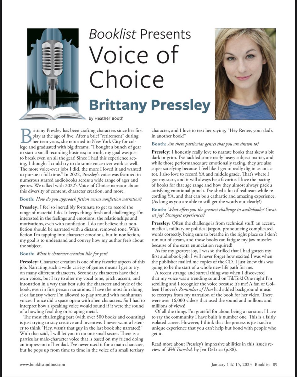 brit_pressley's tweet image. I’m delighted to finally announce that @ALA_Booklist named me 
2022 VOICE OF CHOICE!!!! 

Thank you @Booklist_Audio and all the reviewers for your support of my work. I really pour my heart into my narrations and to be recognized like this means the world to me.