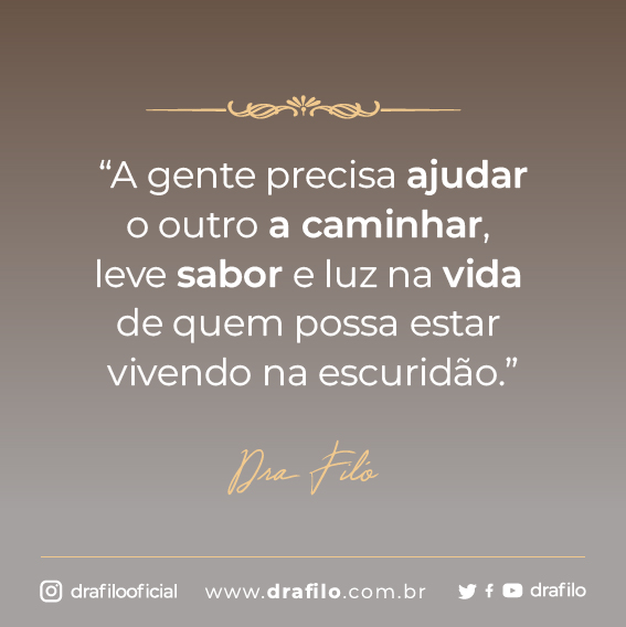 Precisamos ser luz e o sal na vida do outro, especialmente quem possa estar vivendo um momento de fragilidade.

Lembrem-se que a luz para ser mantida, precisa consumir algo e nossa força quem restaura é Deus, não desista de quem precisa.

#DraFiló #Deus #Amor #Caridade #Luz #Sal