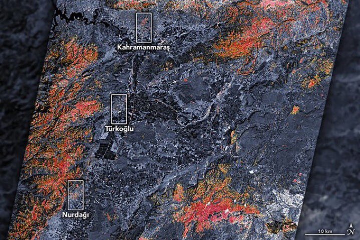 NASA, 7.7 ve 7.6 büyüklüğündeki depremlerden etkilenen Kahramanmaraş ile ilçesi Türkoğlu ve Gaziantep Nurdağı'ndaki hasarı noktasal olarak gösteren uydu haritası yayınladı.