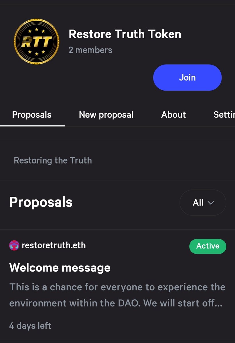 The RTT DAO has been setup! Currently the structure is one vote per wallet regardless of token balance. The strategies are setup to read both BSC and ETH. Once we get some traffic flowing we will post our first proposal! Stay tuned! snapshot.org/#/restoretruth… #BNB #ETH #Crypto