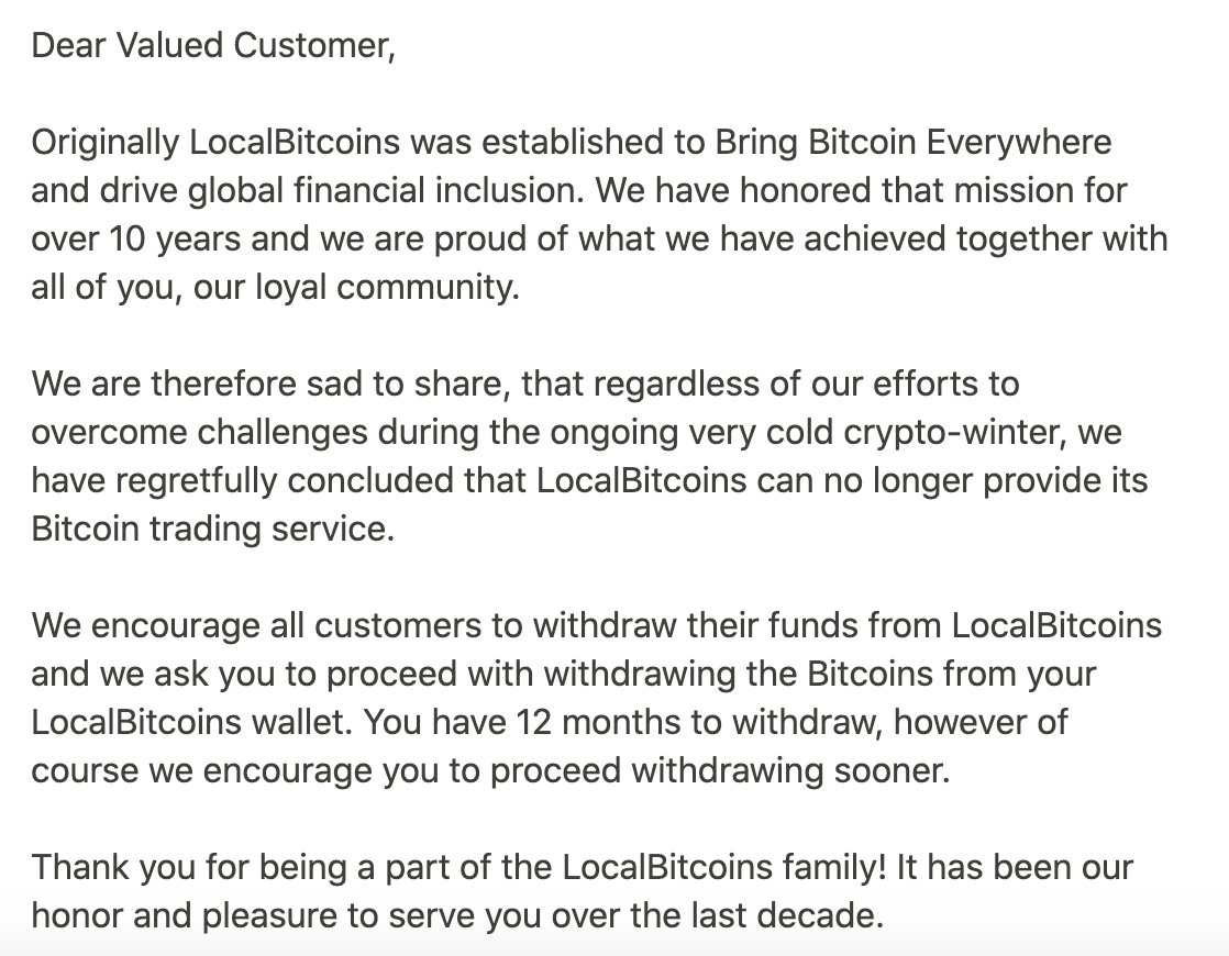 Localbitcoins is ending. Localcryptos closed shop a few months back too. 

This crypto winter is really something else