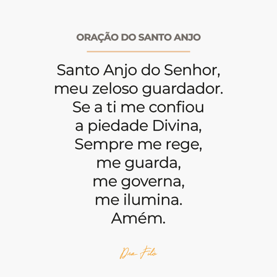 Bom dia, irmãos e irmãs!
Gostaria de compartilhar com vocês a Oração do Santo Anjo.

Como nosso espírito protetor e mensageiro de Deus, nosso Anjo da Guarda nos protege e afasta de todo o mal, ajudando-nos a progredir em nossa fé. 

#DraFiló #Deus #Fé #Oração #SantoAnjo #Proteção