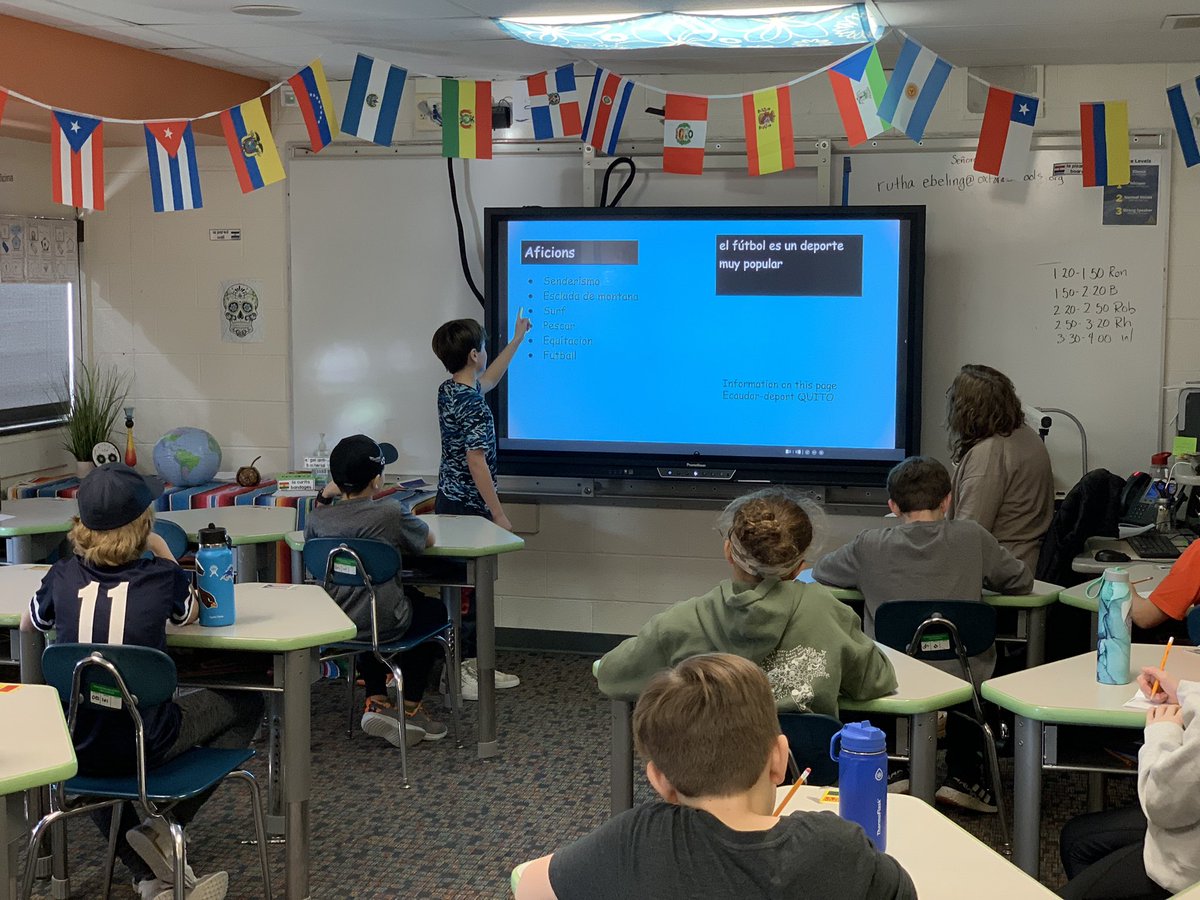 5th graders interacting with their new Promethean and sharing Country presentations spoken entirely in Spanish and then translated to English. Students also displayed ability to embed video, pics, edit backgrounds, etc. Thank you Mrs. Eberling. <a href="/OCSWildcats/">Oxford Community Schools</a>