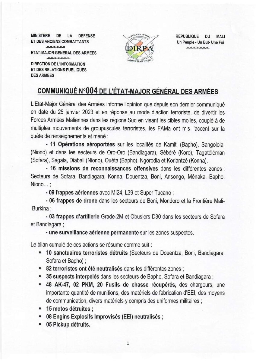 first_niger's tweet photo. #Flash 
Dans un communiqué, l'État Major Général des Armées du #Mali informe avoir neutralisé dans différentes opérations plusieurs terroristes, des matériels de guerre détruits ou récupérés et 35 suspects interpelés.
#firstniger https://t.co/IvWBuNITzz