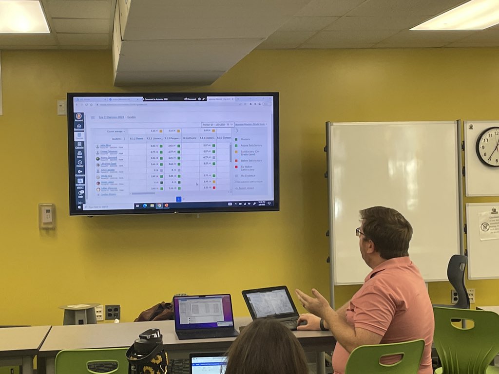 KLBattaglino's tweet photo. We had our first “Taste of Tech” training during lunch this week. Thank you @LacombeLeia &amp; @Iamsdshannon for covering the basics and Mastery Based Learning using Outcomes in Canvas. This was a great opportunity for our Ts to learn new skills. 💚💛💻 https://t.co/nyEo08ih7E