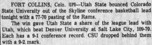 TheAggship's tweet photo. On this day in Utah State sports, 1962: Despite a slow night for star Cornell Green, Utah State knocks off Colorado State in Fort Collins, 77-70, to move into a tie with Utah atop the Skyline. Mark Hasen scored 20 points and Phil Johnson added 18 to pace the Aggies https://t.co/y1DEWyBjEm