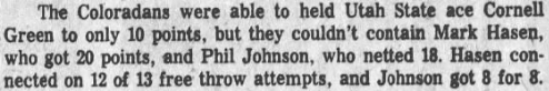 TheAggship's tweet photo. On this day in Utah State sports, 1962: Despite a slow night for star Cornell Green, Utah State knocks off Colorado State in Fort Collins, 77-70, to move into a tie with Utah atop the Skyline. Mark Hasen scored 20 points and Phil Johnson added 18 to pace the Aggies https://t.co/y1DEWyBjEm