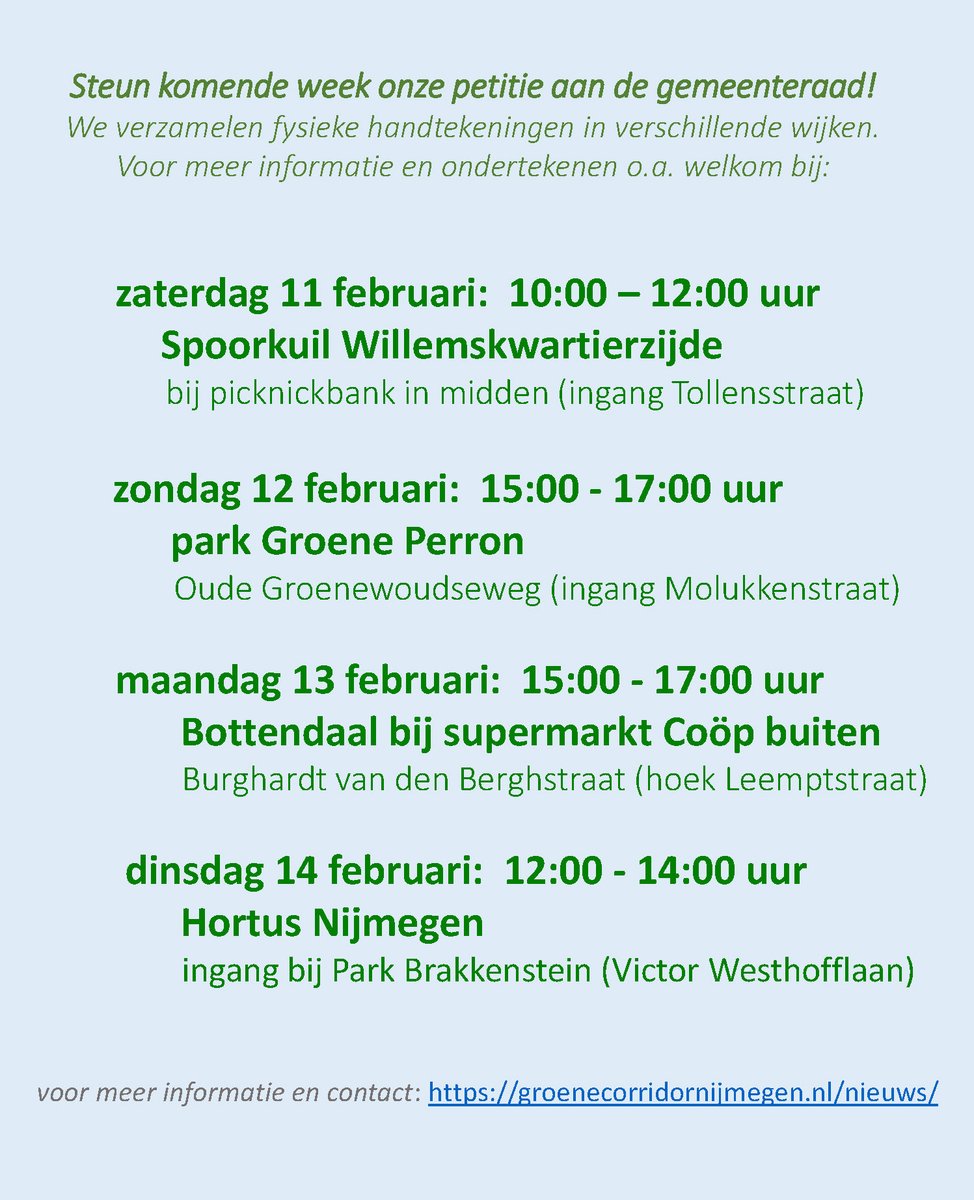 GroenSpoor's tweet photo. Steun komende week onze petitie aan de gemeenteraad: Ga voor een groene corridor! We verzamelen fysieke handtekeningen in verschillende wijken. Voor meer informatie en ondertekenen o.a. welkom bij: zie afbeelding data. #natuurindewijk 
@Willemskwartier @wijkwebsite @SpoorkuilBot https://t.co/t1JpoZKCaq