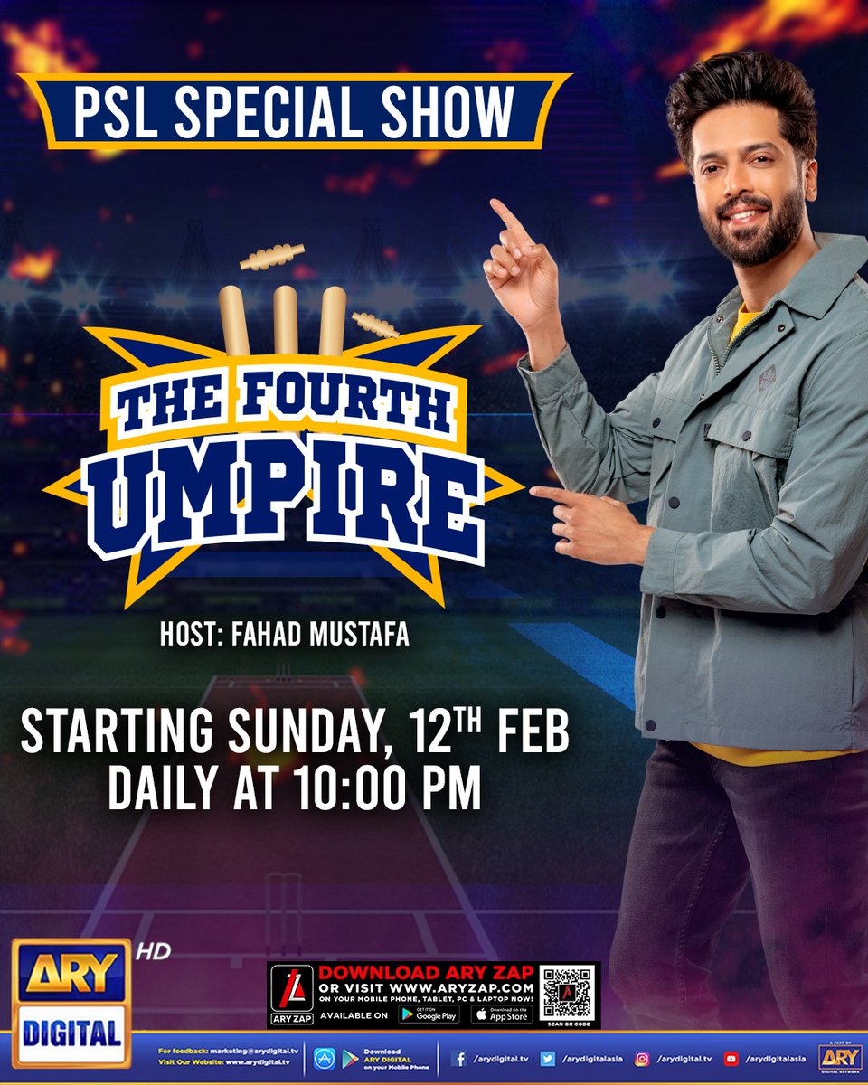 ARY Digital brings a PSL Special Show #TheFourthEmpire - hosted by your favorite Fahad Mustafa!

Starting Sunday, 12th Feb and airing Daily at 10:00 PM.(throughout PSL)

Stay tuned for the exciting show featuring special guests and cricket experts - only on #ARYDigital