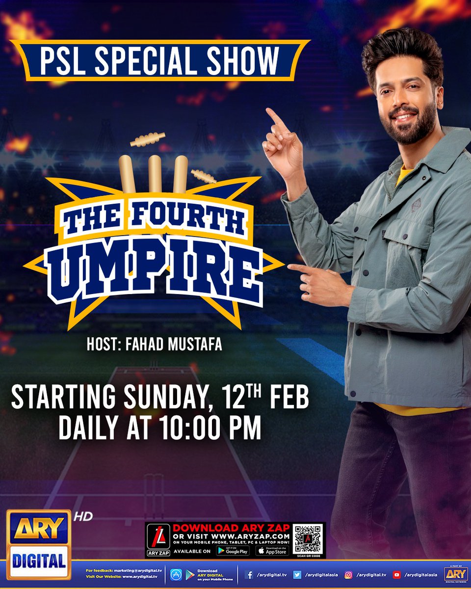 ARY Digital brings a PSL Special Show #TheFourthEmpire - hosted by your favorite Fahad Mustafa! Starting Sunday, 12th Feb and airing Daily at 10:00 PM.(throughout PSL) Stay tuned for the exciting show featuring special guests and cricket experts - only on #ARYDigital