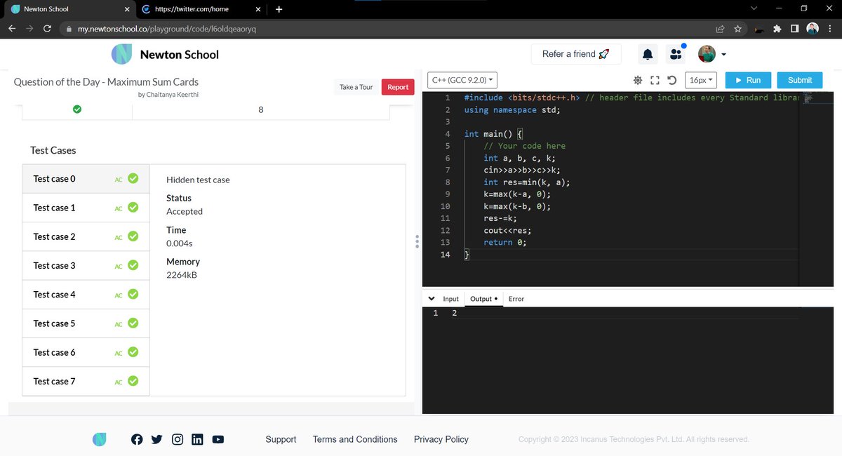 chaitanya8921's tweet photo. Hey friends, I just completed Day 42 of the 51 Days of Code Challenge with the @newtonschoolhq community.
Today I solved the question - Maximum Sum Cards
#newtonschooldiscord #51daysofcode #30Daysofcode #100DaysOfCode https://t.co/CsoSVwU3UP
