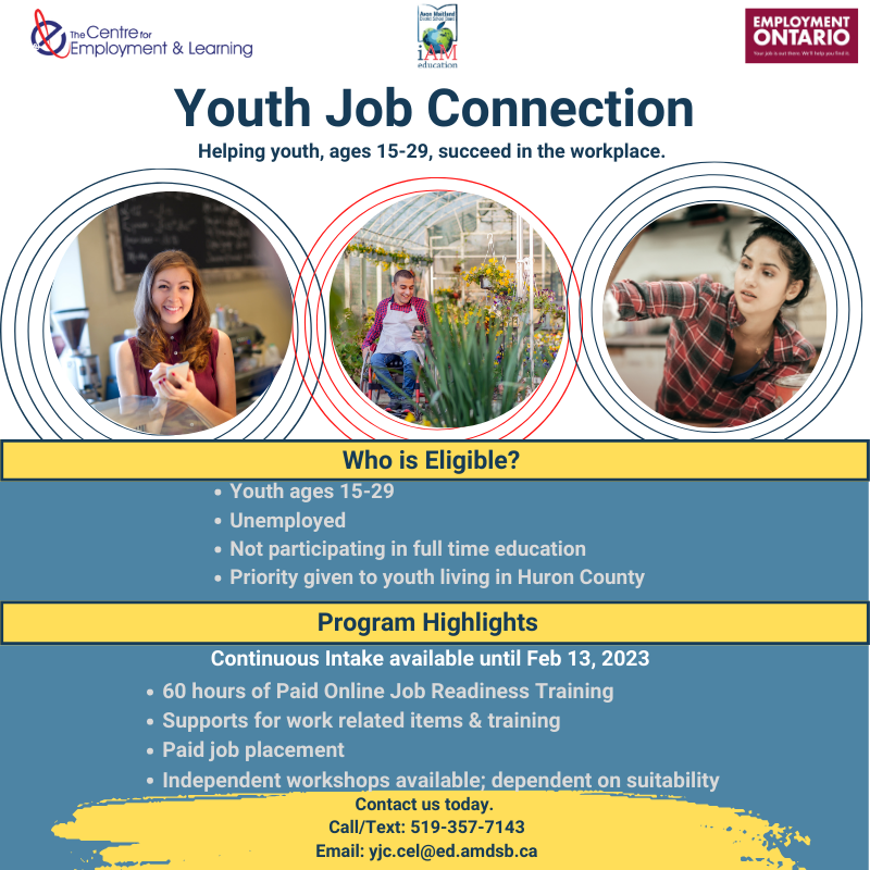 CELamdsb's tweet photo. Are you between the ages of 15-29, currently unemployed and not attending school? Youth Job Connections could be for you! Tomorrow February, 13th is the last day for intakes!  If you are interested please contact us for more information @ 519-357-7143 or email yjc.cel@ed.amdsb.ca https://t.co/Y27D0RImwb