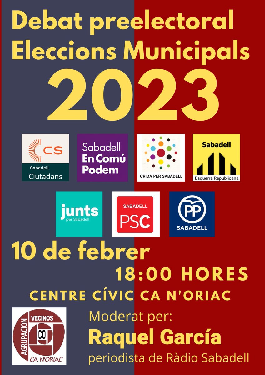 ercsabadell's tweet photo. L'alcaldable d'@Esquerra_ERC #Sabadell, @GabrielFerDiaz, #LAlcaldeDeLaGent, és al primer debat preelectoral de les #Municipals2023, organitzat per l'Agrupació de Veïns de #CaNOriac (@avv_ca). Al maig, fem que la gent corrent tornem a governar la ciutat. ✊
🟨 #ElSabadellDeLaGent https://t.co/jzZgwrl9xP