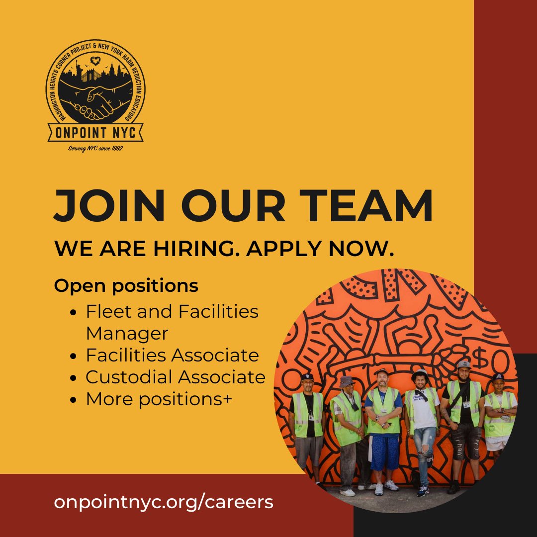 _OnPointNYC's tweet photo. We are hiring: join our diverse team and play an integral part in our award-winning, innovative harm reduction organization. We are hiring for various positions, including Fleet &amp; Facilities Manager, Custodial Associate, and more. https://t.co/RSyrmLlVRi https://t.co/Pk5aMHbLEl