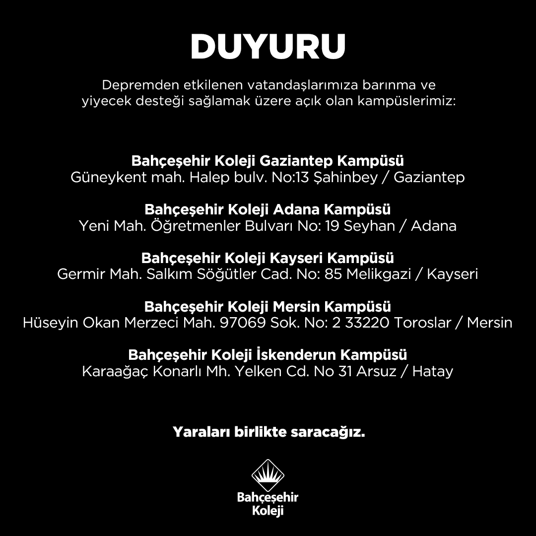 bahcesehir_k12's tweet photo. 📍Deprem bölgesinde bulunan vatandaşlarımıza barınma ve yiyecek desteği sağlamak için ilgili kampüslerimizin tüm halkımıza açık olduğunu bildiririz.

#Deprem https://t.co/ZWE5xhZx8E