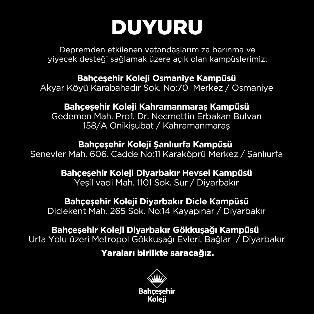 bahcesehir_k12's tweet photo. 📍Deprem bölgesinde bulunan vatandaşlarımıza barınma ve yiyecek desteği sağlamak için ilgili kampüslerimizin tüm halkımıza açık olduğunu bildiririz.

#Deprem https://t.co/ZWE5xhZx8E