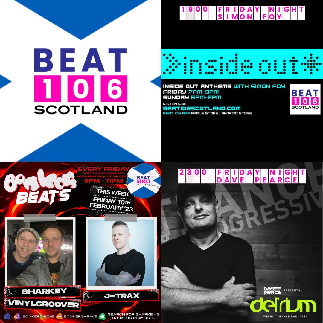 Friday night on @beat106scotland... It's going to rock your jock & socks off !

7pm - Simon Foy is LIVE with @insideoutgla Anthems.
9pm - Bonkers Beats with #Sharkey & @ScottAttrill aka #Vinylgroover & @jtraxofficial @Bonkers4life 
11pm - @dj_davepearce