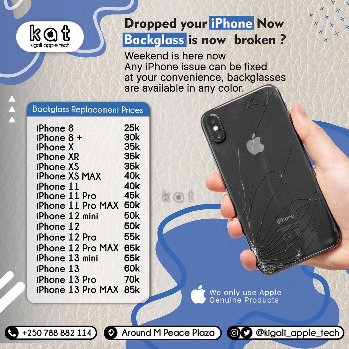 Kigali_apple_tc's tweet image. Your iPhone #backglass has been broken 😞? Don’t worry @Kigali_apple_tc is here you