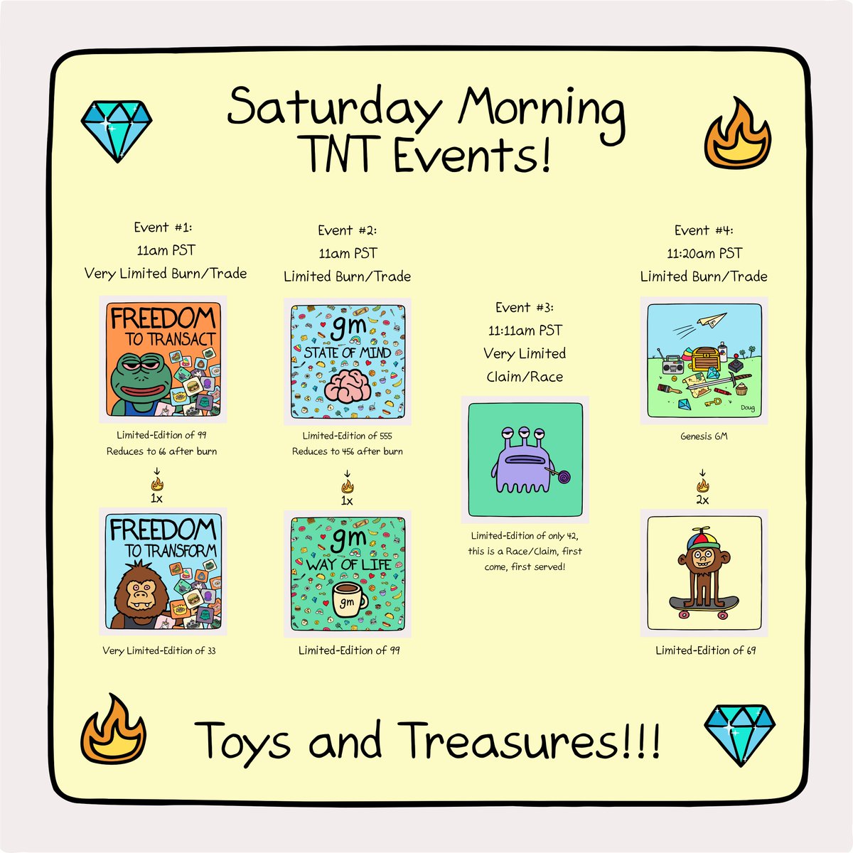 ToyBoogers's tweet photo. Hey fam, we got an awesome line up of Burn/Trades and Race/Claims for tomorrow's Saturday Morning TNT events! Toys and Treasures is heating up!!! 🔥🎨🔥🎨🔥

Like, RT, and share with cool people!!! 😎🥰✊

🧵👇 Details in Thread: https://t.co/AxjMFYJVZu