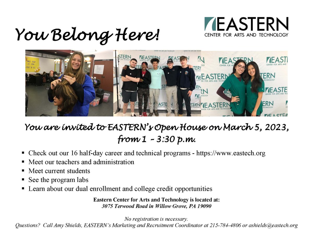 EasternCenter's tweet image. Open House at EASTERN is Sunday, March 5 from 1 – 3:30 p.m. This is a great opportunity for parents of high school students in Eastern Montgomery County to see how EASTERN can give students a competitive edge in college or a specialized career program.
eastech.org/site/default.a…
