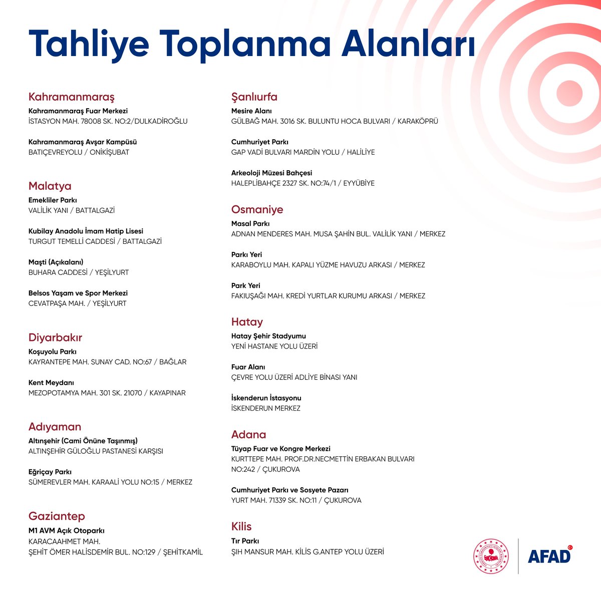 Bazı sosyal medya hesapları ve WhatsApp gruplarında "afetzede vatandaşlarımızın durumlarını gösterir bir AFAD kartı almaları gerektiğine" dair iddialar gerçeği yansıtmamaktadır.

Konuyla ilgili resmî açıklamayı kamuoyunun bilgilerine sunarız.

➡️ afad.gov.tr/afetzede-vatan…