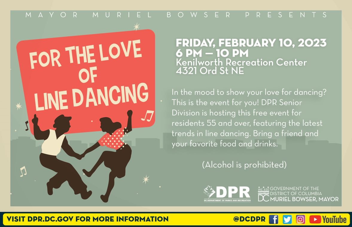 DCDPR's tweet photo. Calling our 55+ ... TONIGHT it's for the LOVE!
For the Love of Line Dancing
6PM - 10PM
Kenilworth Rec Center (4321 Ord Street NE)
Bring a friend.
https://t.co/gb57Zf72OD #WhereFunHappens #AgeFriendlyDC https://t.co/7A8pgZ9M3n