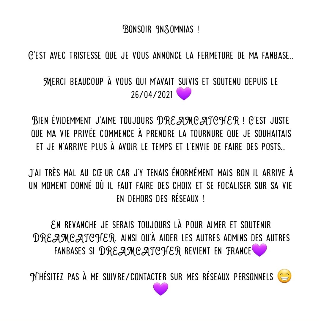 DreamcatcherFr_'s tweet photo. FERMETURE DE LA FANBASE..

Merci infiniment Somnias 💜

@DreamCat2204 https://t.co/xz04OOyM4y