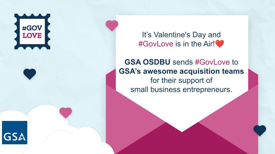 GSAOSDBU's tweet photo. @GSAOSDBU has #GovLov for GSA’s acquisition workforce and their dedication to meeting the agency’s #SmallBusiness contracting goals. 💌
Learn how GSA assists small businesses: https://t.co/Qa3Jri6g0E. https://t.co/pRhrYwtOVS
