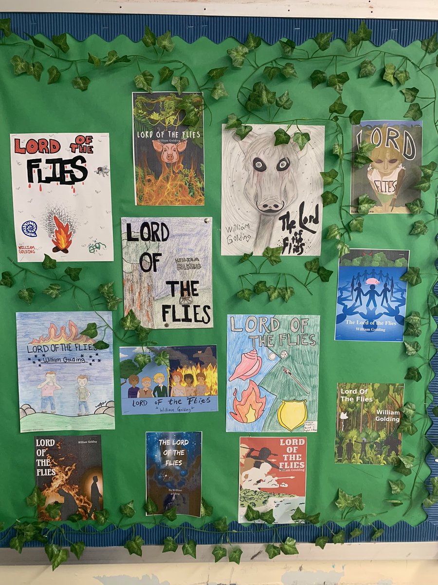 New bulletin board celebrating our work on Lord of the Flies @LivSchools! 🦟 ⛰ 🌊 

Ss crafted arguments to assert the central theme in LOTF! Then, they designed a new cover 📗 for the novel which would communicate their chosen theme #visualanalysis