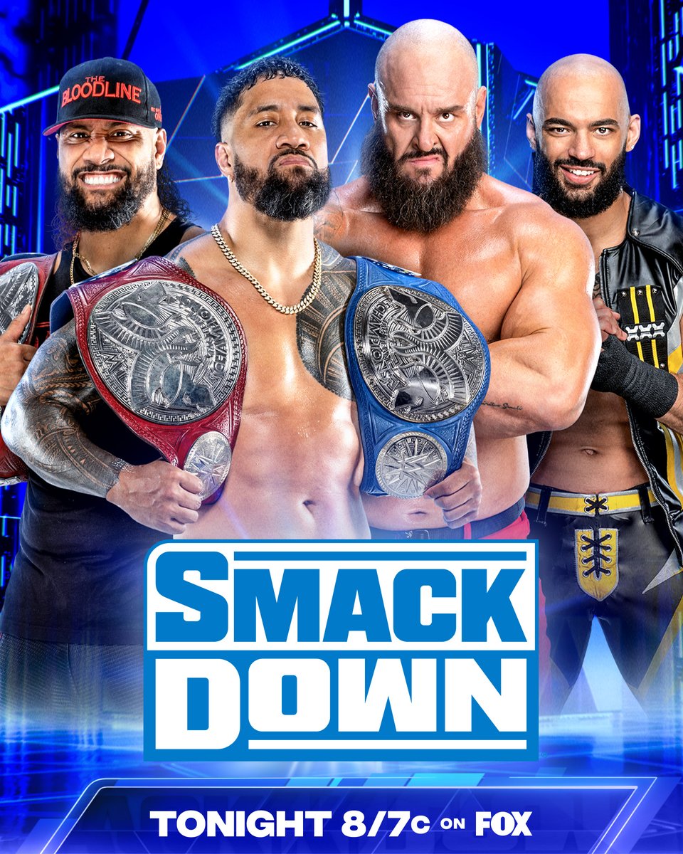 WWE's tweet photo. TONIGHT on #SmackDown 

Will @WWEUsos be at full strength when they defend their SmackDown Tag Team Championship against Braun Strowman and @KingRicochet?

📺 8/7c on @FOXTV https://t.co/BQFH8aeEi0