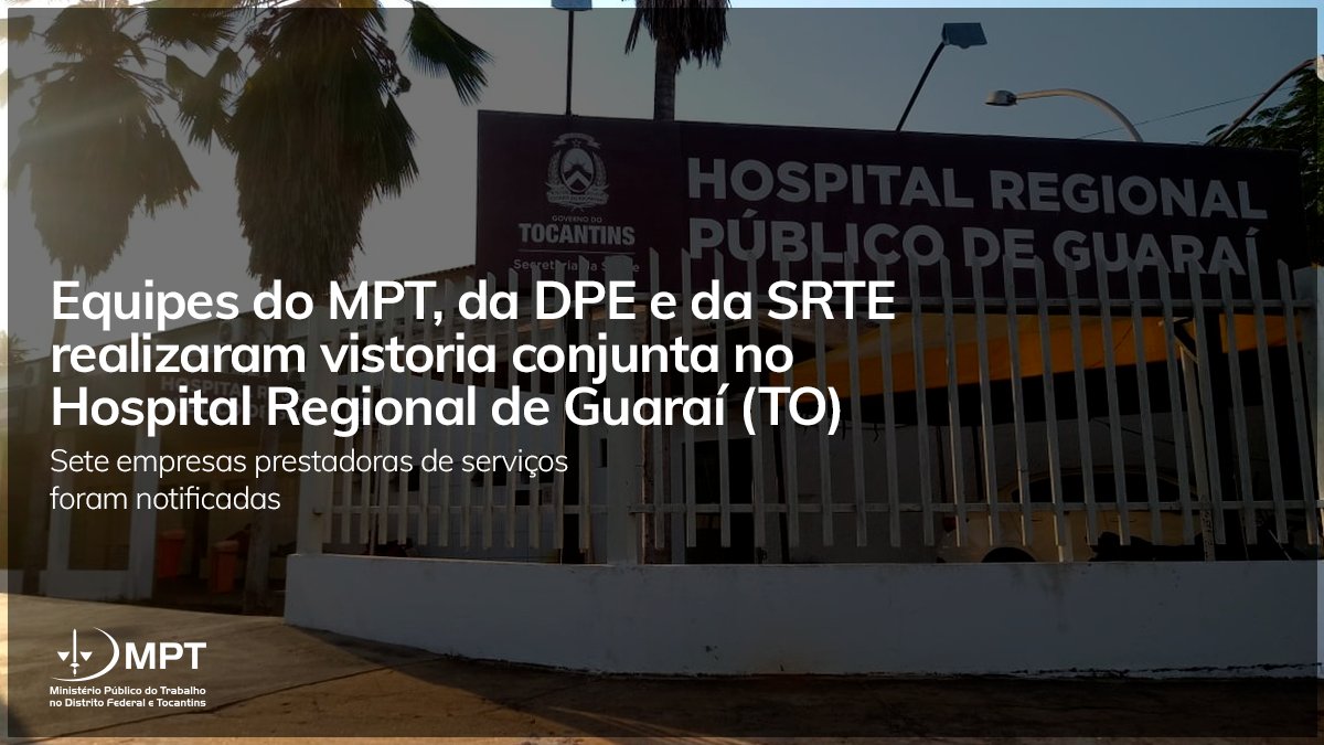 Na última terça-feira (7/2), representantes do MPT-TO, da DPE-TO e da SRTE-TO realizaram vistoria conjunta no Hospital Regional de Guaraí, visando averiguar as condições da Unidade.

Saiba mais: link.mpt.mp.br/uyp1r16

📸: Divulgação.