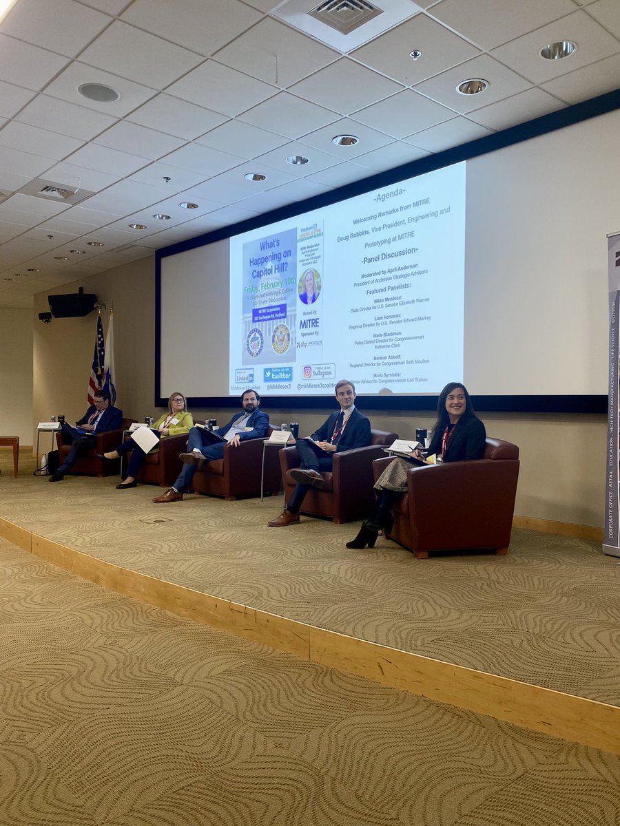 Middlesex3's tweet photo. What’s Happening on Capitol Hill? We heard from an incredible panel of sharp congressional directors this morning! Moderated by @GovBizStrategy! Thank you @MITREcorp for hosting and @ahp_Architects for sponsoring! https://t.co/yPp0vhWSfK