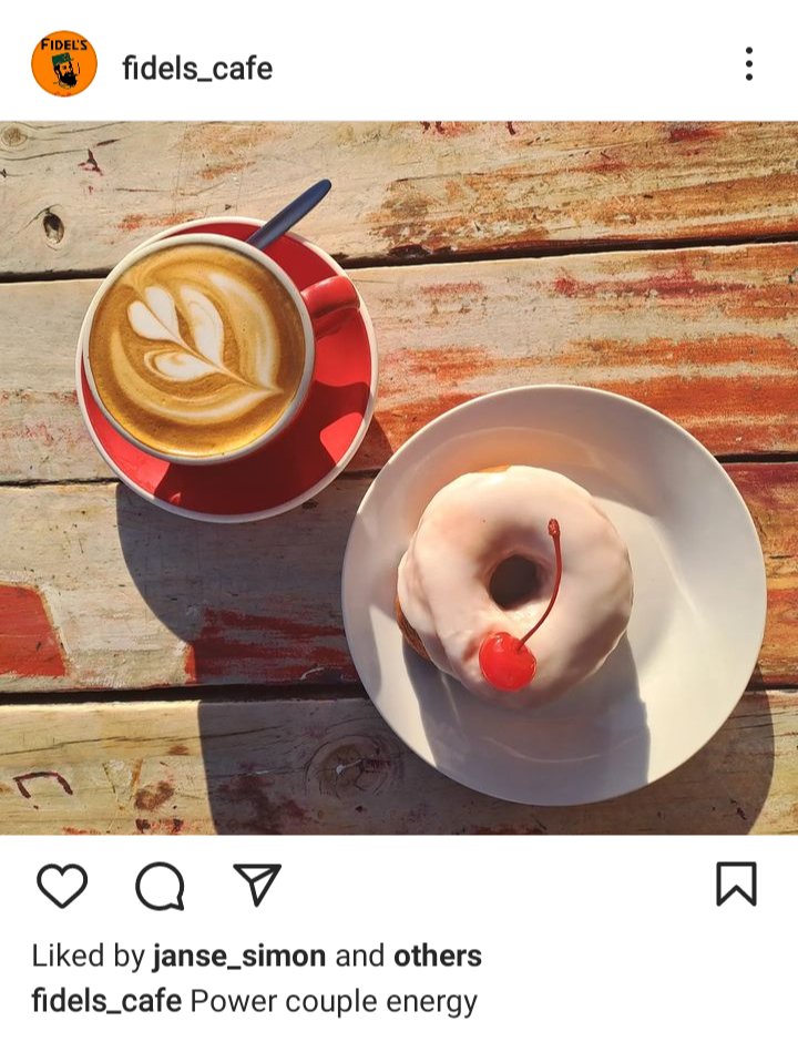 Field's café IG. Photo of an espresso and a donut with a cherry. Caption reads "Power couple energy" 