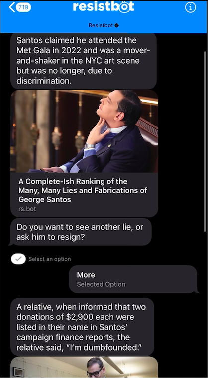 OrganizerMemes's tweet photo. OMG If you text Santos to 50409 it texts you a random lie he's told about his life. I'm dying. 🤣 @resistbot https://t.co/xwoXuTnSFM