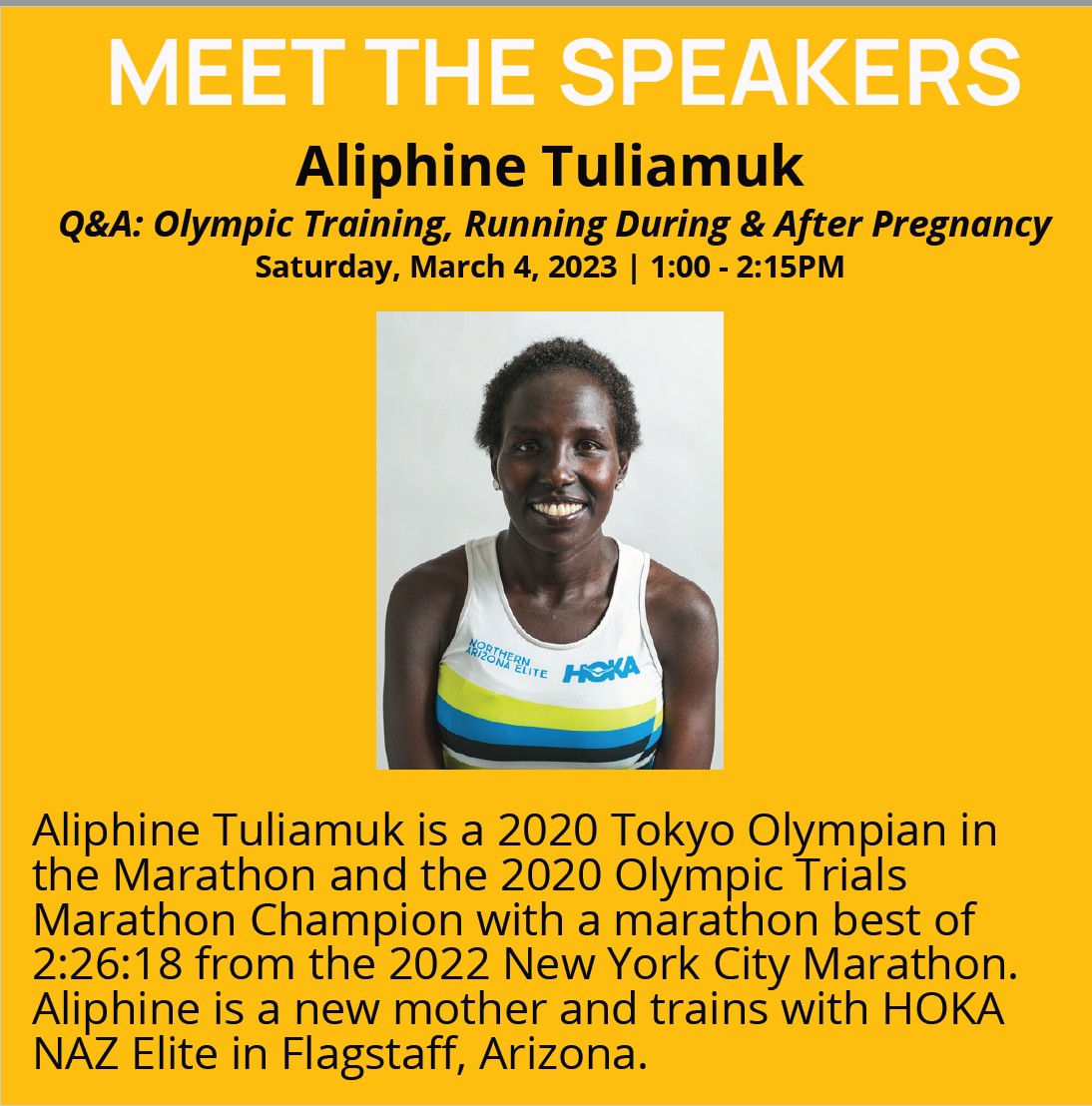 UofIowaRS's tweet photo. We are thrilled to welcome Olympian Aliphine Tuliamuk to the 2023 Running Symposium for a Q&amp;A about her Olympic training and experience, as well as running during and after her pregnancy. Submit any questions that you have through DM or comment section! Register today! https://t.co/fls8hXJJNp