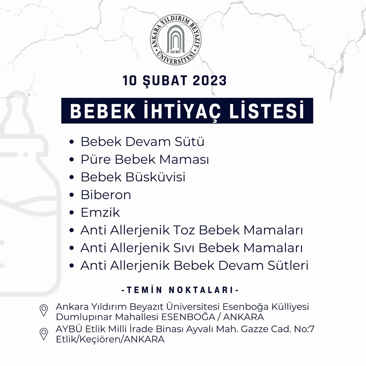 ybuankara's tweet photo. Üniversitemiz Esenboğa Külliyesi içinde yer alan KYK Yurtlarında misafir ettiğimiz vatandaşlarımıza iletmek üzere ihtiyaç malzemelerini hafta sonu da belirtilen adreslerde kabul etmeye devam edeceğiz. İhtiyaç listesi ve adres bilgilerine aşağıdan ulaşabilirsiniz. ⤵️ https://t.co/5fIpvxM7uj