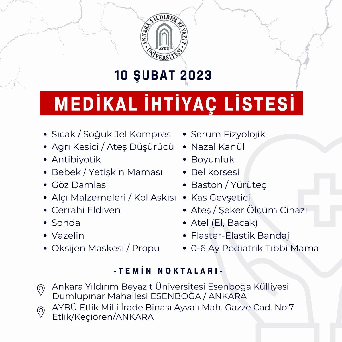ybuankara's tweet photo. Üniversitemiz Esenboğa Külliyesi içinde yer alan KYK Yurtlarında misafir ettiğimiz vatandaşlarımıza iletmek üzere ihtiyaç malzemelerini hafta sonu da belirtilen adreslerde kabul etmeye devam edeceğiz. İhtiyaç listesi ve adres bilgilerine aşağıdan ulaşabilirsiniz. ⤵️ https://t.co/5fIpvxM7uj