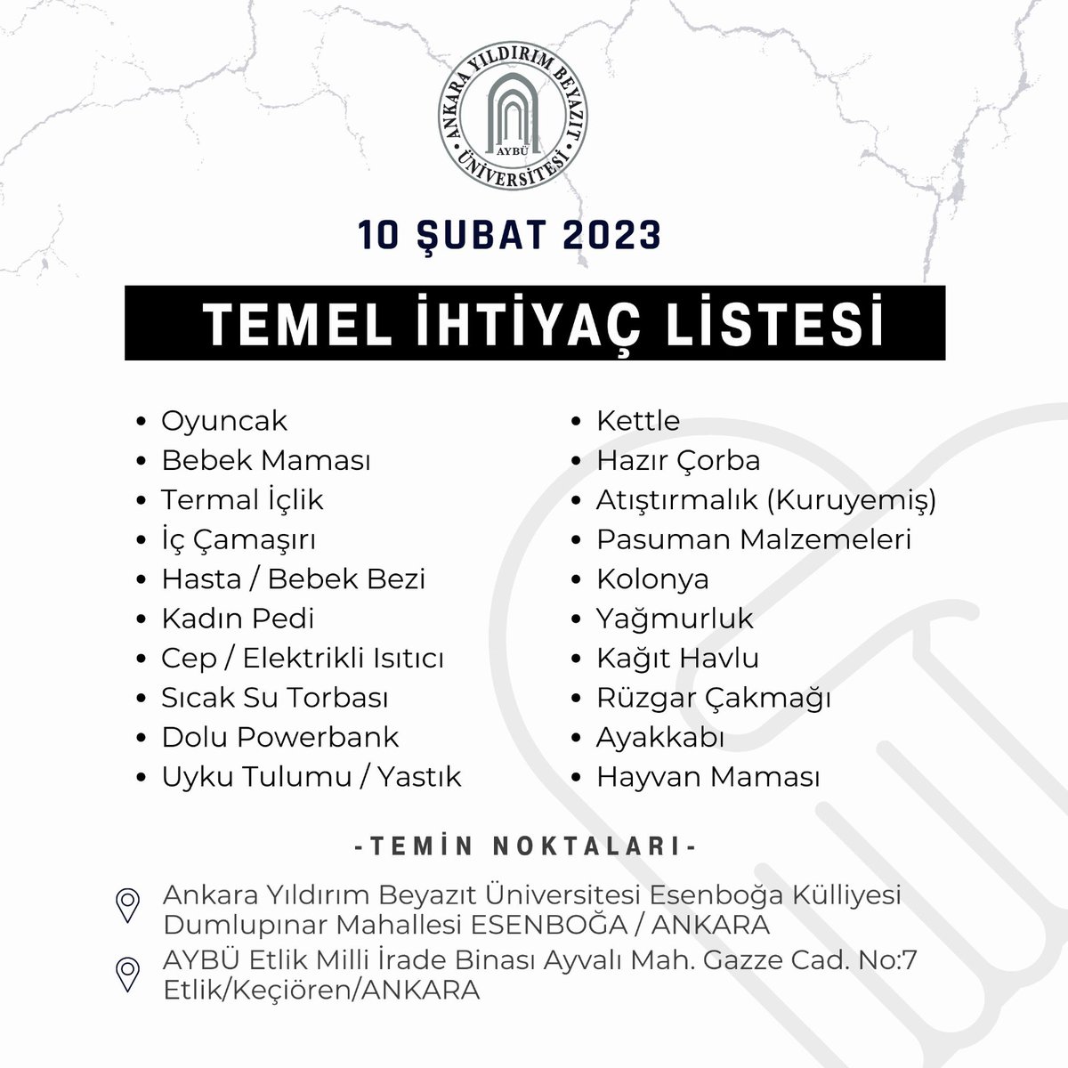 ybuankara's tweet photo. Üniversitemiz Esenboğa Külliyesi içinde yer alan KYK Yurtlarında misafir ettiğimiz vatandaşlarımıza iletmek üzere ihtiyaç malzemelerini hafta sonu da belirtilen adreslerde kabul etmeye devam edeceğiz. İhtiyaç listesi ve adres bilgilerine aşağıdan ulaşabilirsiniz. ⤵️ https://t.co/5fIpvxM7uj