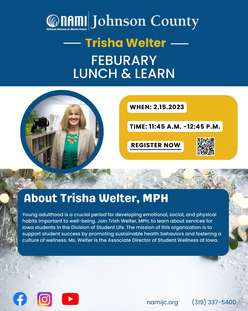 NAMIJCIowa's tweet photo. Please join us for a Lunch &amp; Learn next Wednesday, Feb 15th with Trisha Welter, MPH as she talks about services offered to Iowa students in the Division of Student Life to aid their success and wellness.

Register now! https://t.co/1n60wITZOb

#NAMIJC #UOfI #UniversityOfIowa https://t.co/xX7g4LxATl