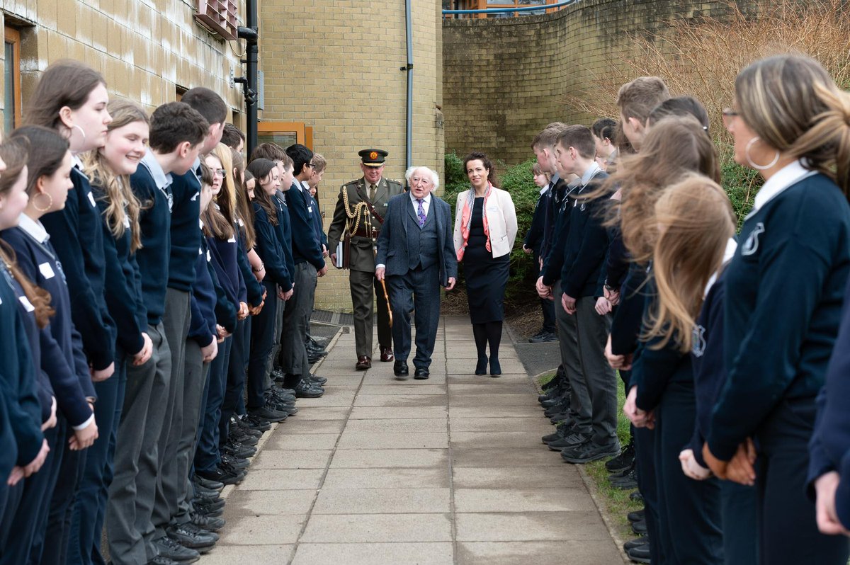 PresidentIRL's tweet photo. President Higgins today visited @MulroyCollege, Co Donegal. The school was impacted by the Creeslough tragedy and the President paid tribute to the courage and strength shown by pupils and staff.Pupils also showed the President the many positive initiatives underway at the school https://t.co/UuloiyleUj