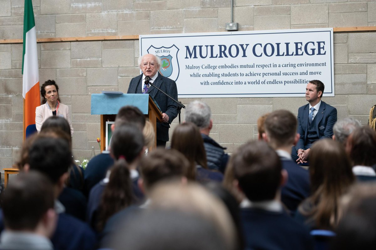 PresidentIRL's tweet photo. President Higgins today visited @MulroyCollege, Co Donegal. The school was impacted by the Creeslough tragedy and the President paid tribute to the courage and strength shown by pupils and staff.Pupils also showed the President the many positive initiatives underway at the school https://t.co/UuloiyleUj