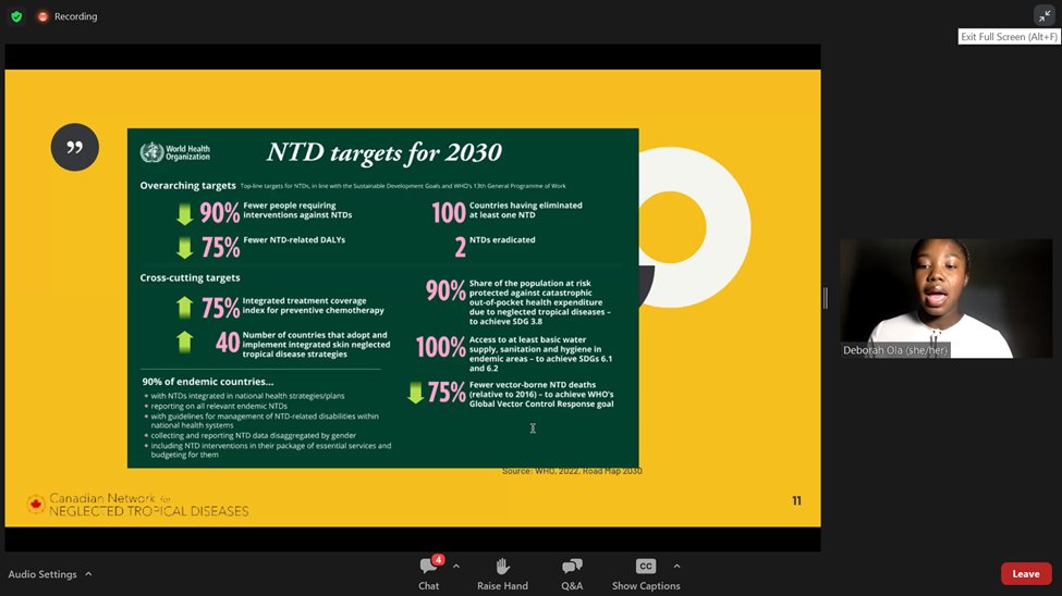 Here’s our AMAZING SYP Ambassador Deborah Ola @Youth_CNNTD  rocking the virtual stage today, advocating for greater investment in NTDs to prevent & treat  them to achieve the @WHO #NTDRoadMap and  health for all #Health4All!👏🏼 #100PercentCommitted to #BeatNTDs