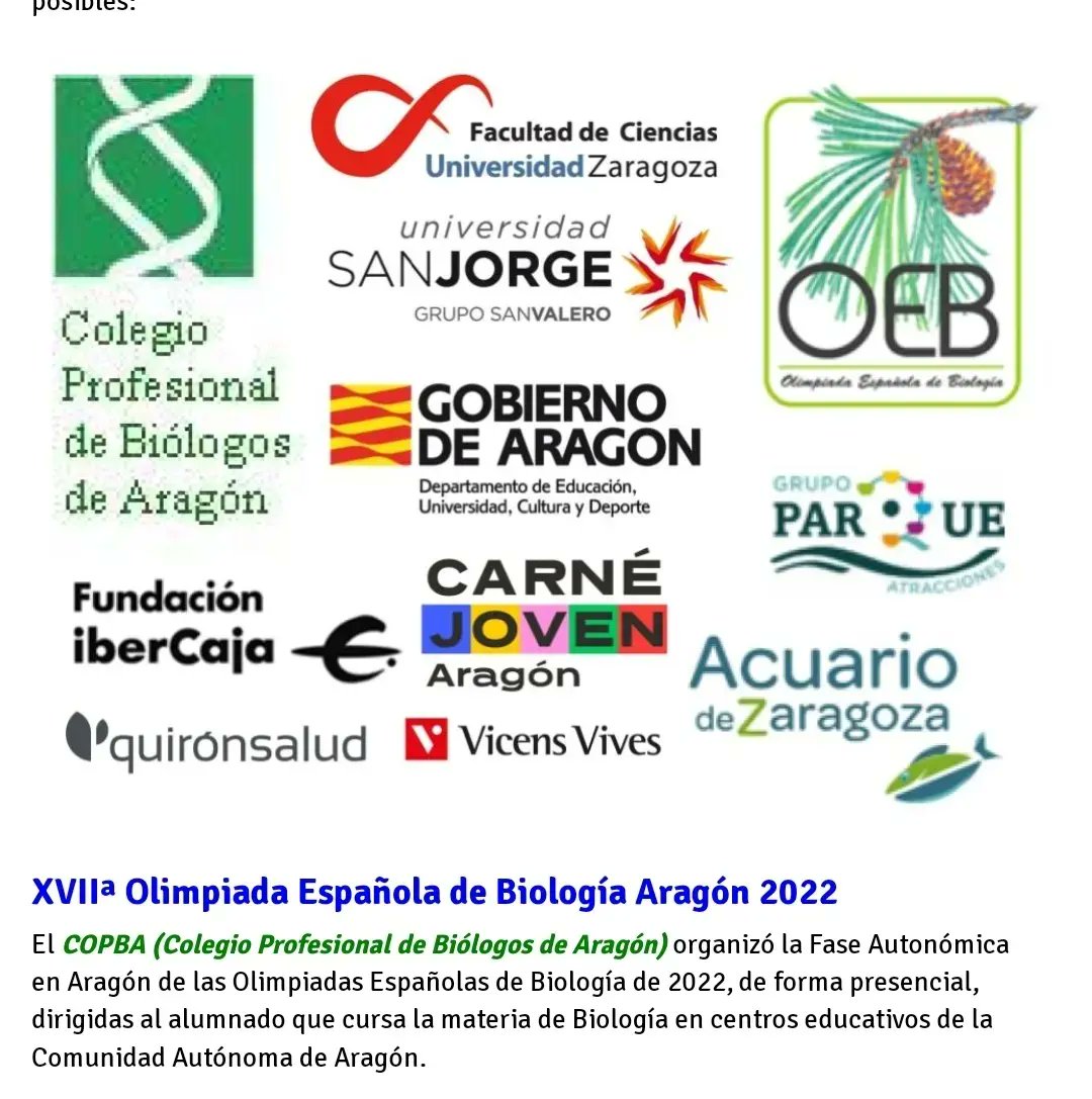 🌏 Como cada año el COPBA  <a href="/copbaragon/">Biólogos de Aragón</a>  (Colegio Profesional de Biólogos de Aragón) organiza la Fase Autonómica #Aragón  OLIMPIADAS ESPAÑOLAS de #BIOLOGÍA dirigidas al alumnado que cursa la materia de Biología en 2º bachillerato en centros educativos de Comunidad Autónoma Aragón.